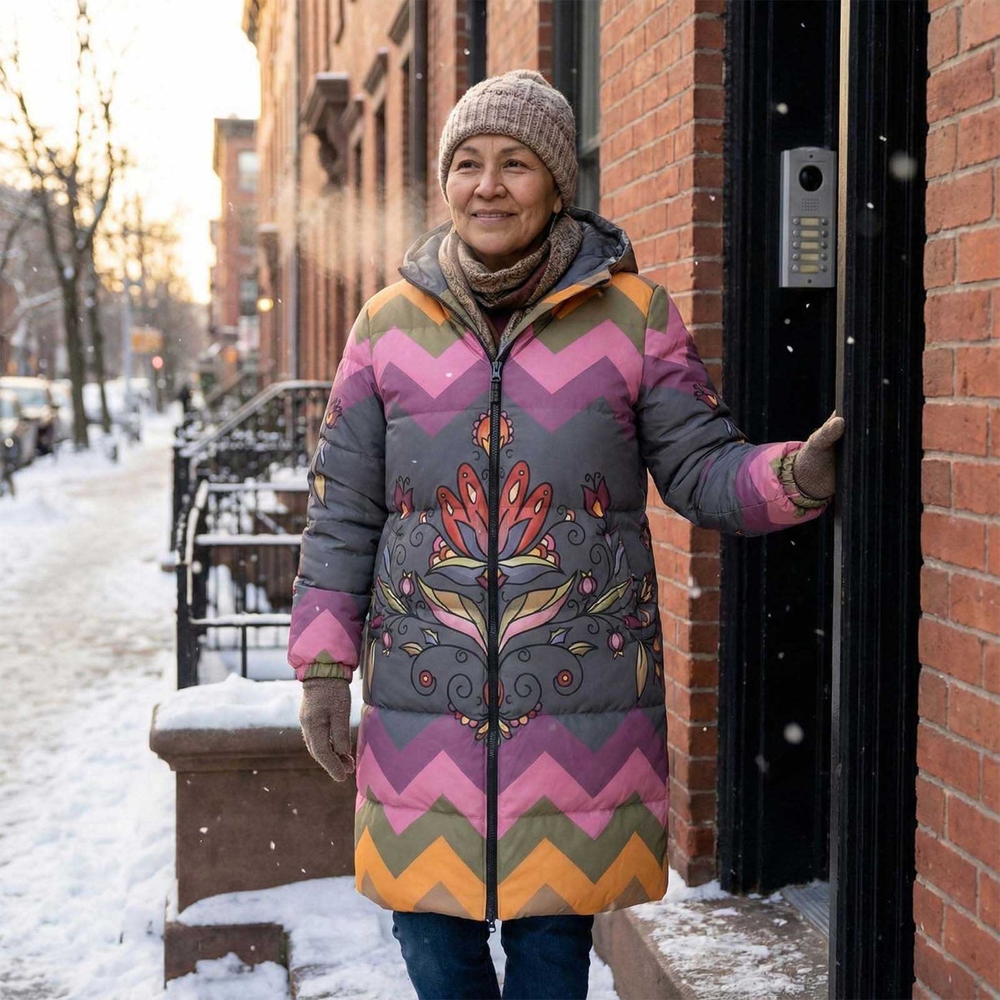 Red Willow Whispers Floral Unisex Long Down Jacket