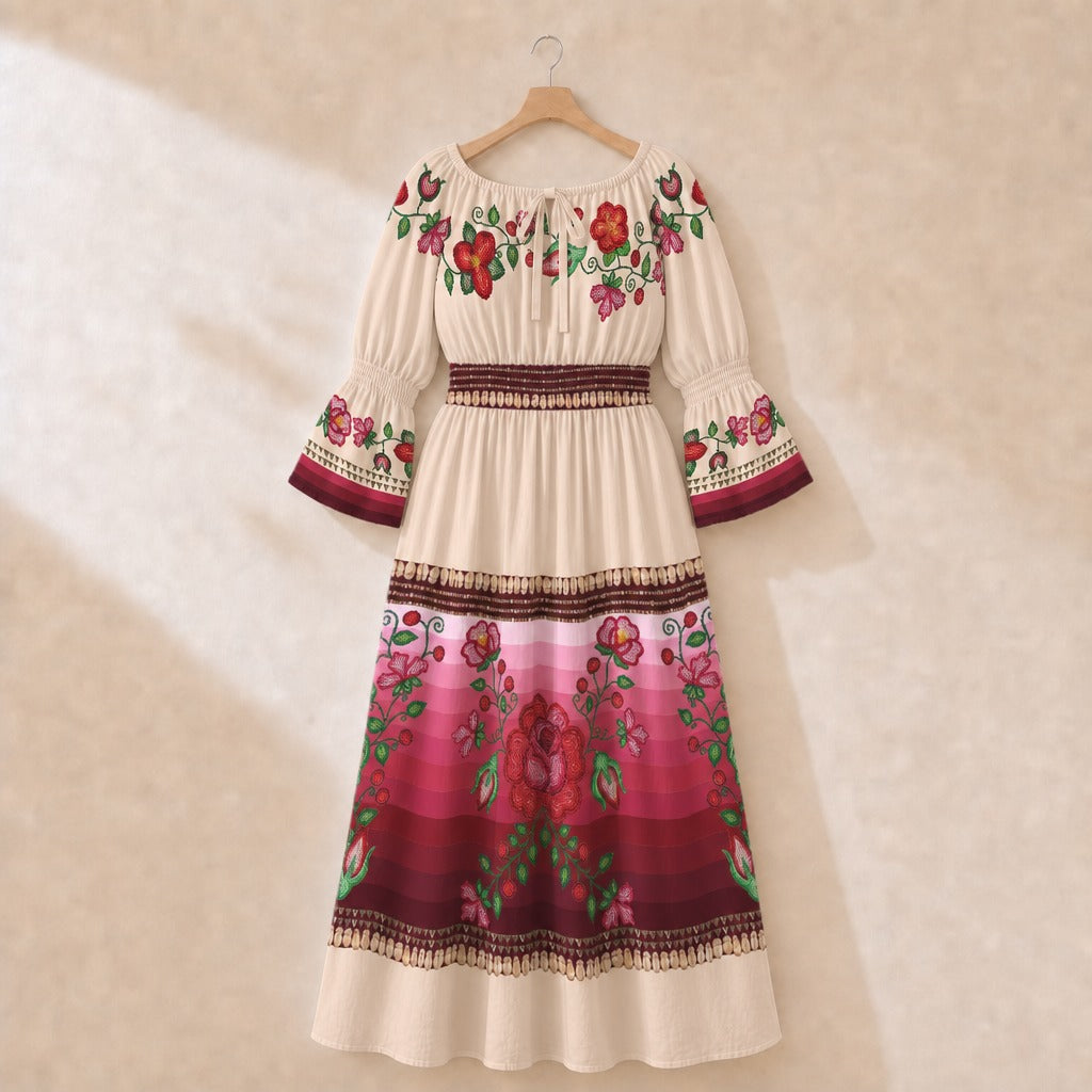 Rose Reverie Smocked Waist Peasant Dress - Cream 1