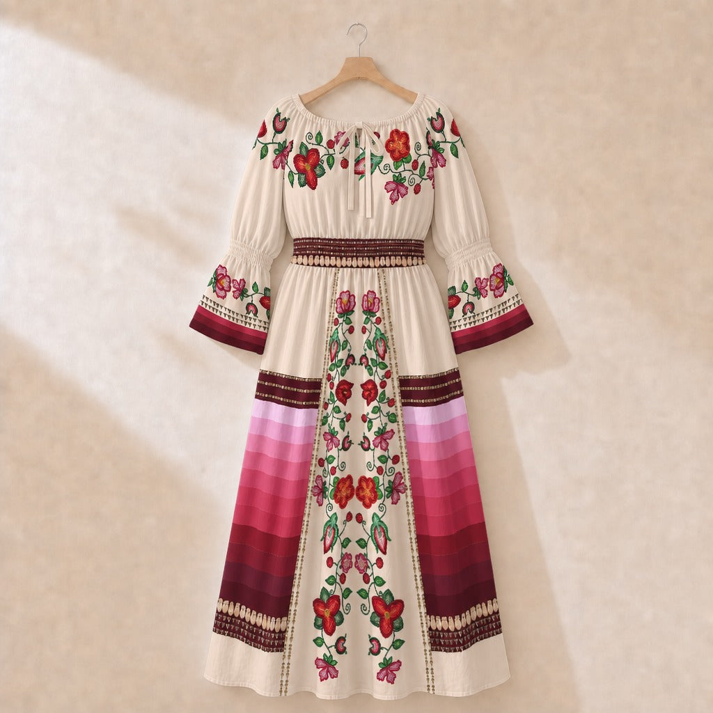 Rose Reverie Smocked Waist Peasant Dress - Cream 2