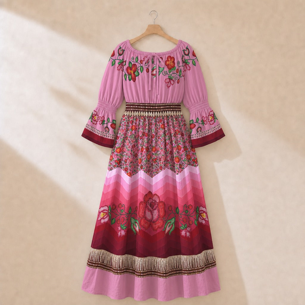 Rose Reverie Smocked Waist Peasant Dress - Pink