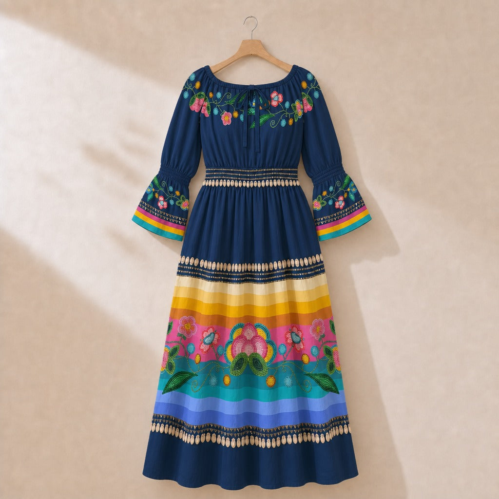 Skyberry Serenade Smocked Waist Peasant Dress - Navy 1