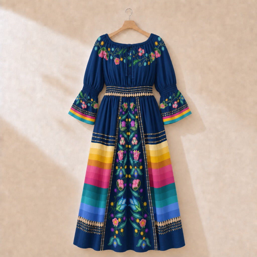 Skyberry Serenade Smocked Waist Peasant Dress - Navy 2