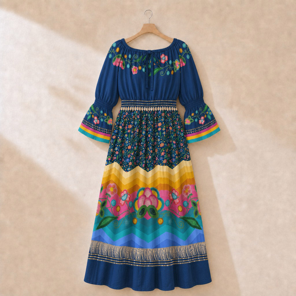 Skyberry Serenade Smocked Waist Peasant Dress - Navy 3