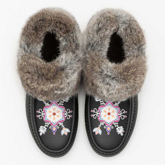 Aurora Petal Glow Black Leather Mottled Fur Moccasin