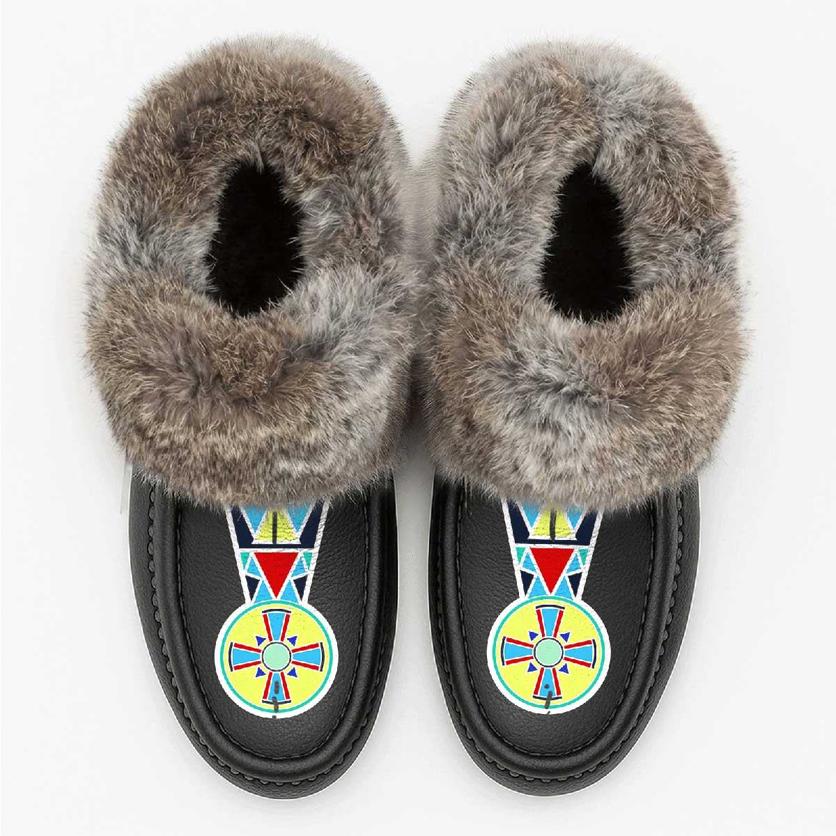 Mottled Rabbit Firewheel Emblem Black Leather Mottled Fur Moccasin – 49DzineMembers