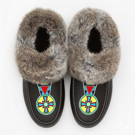 Firewheel Emblem Brown Leather Mottled Fur Moccasin