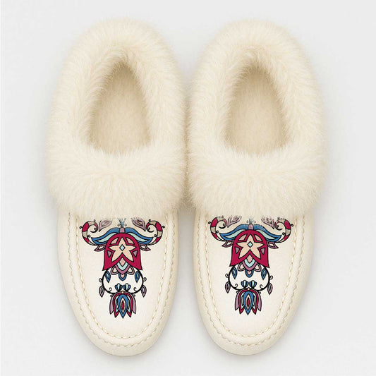 Northern Ember White Leather White Fur Moccasin