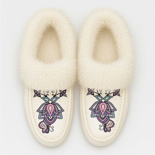 Snow Petal Spirit White Leather White Fur Moccasin