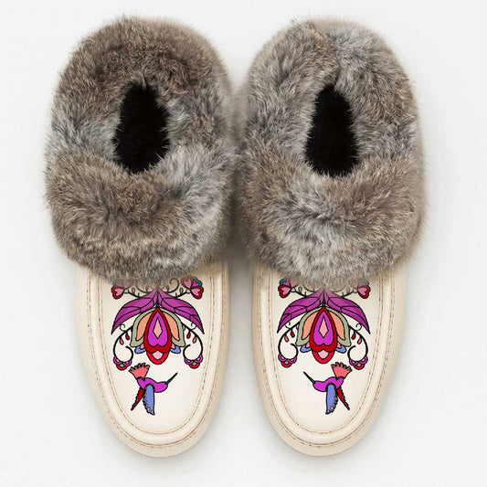 Frosted Leaf Spirit White Leather Mottled Fur Moccasin