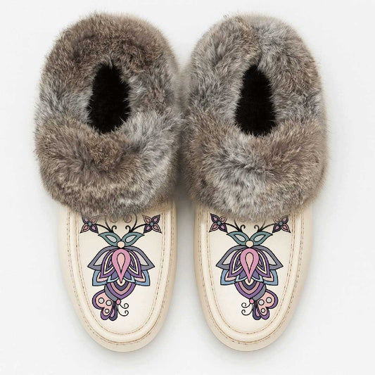 Snow Petal Spirit White Leather Mottled Fur Moccasin