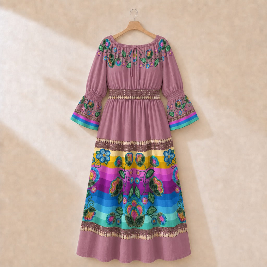 Turquoise Sunbeam Smocked Waist Peasant Dress - Pink 1