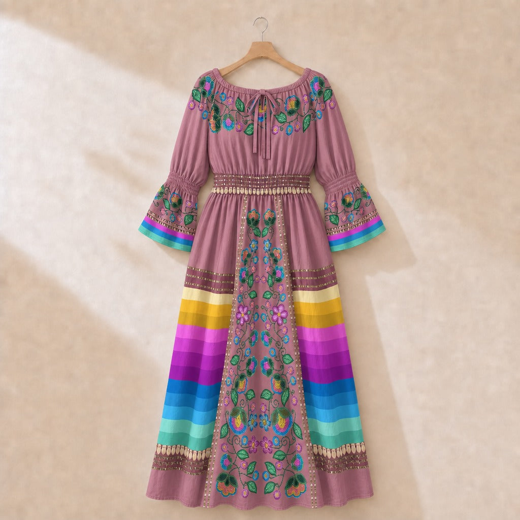 Turquoise Sunbeam Smocked Waist Peasant Dress - Pink 2