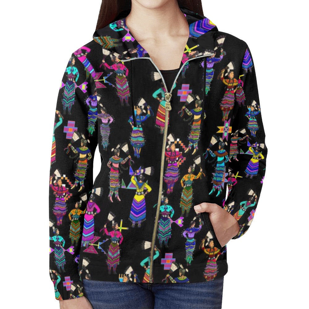 Women's Jingle Dancers Black Full Zip Hoodie for Women