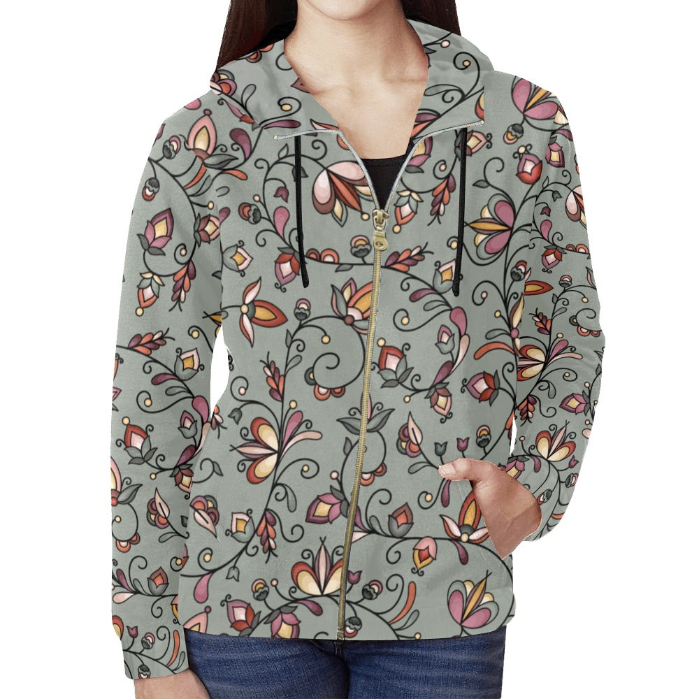 Burnt Sky Petals Green Full Zip Hoodie for Women