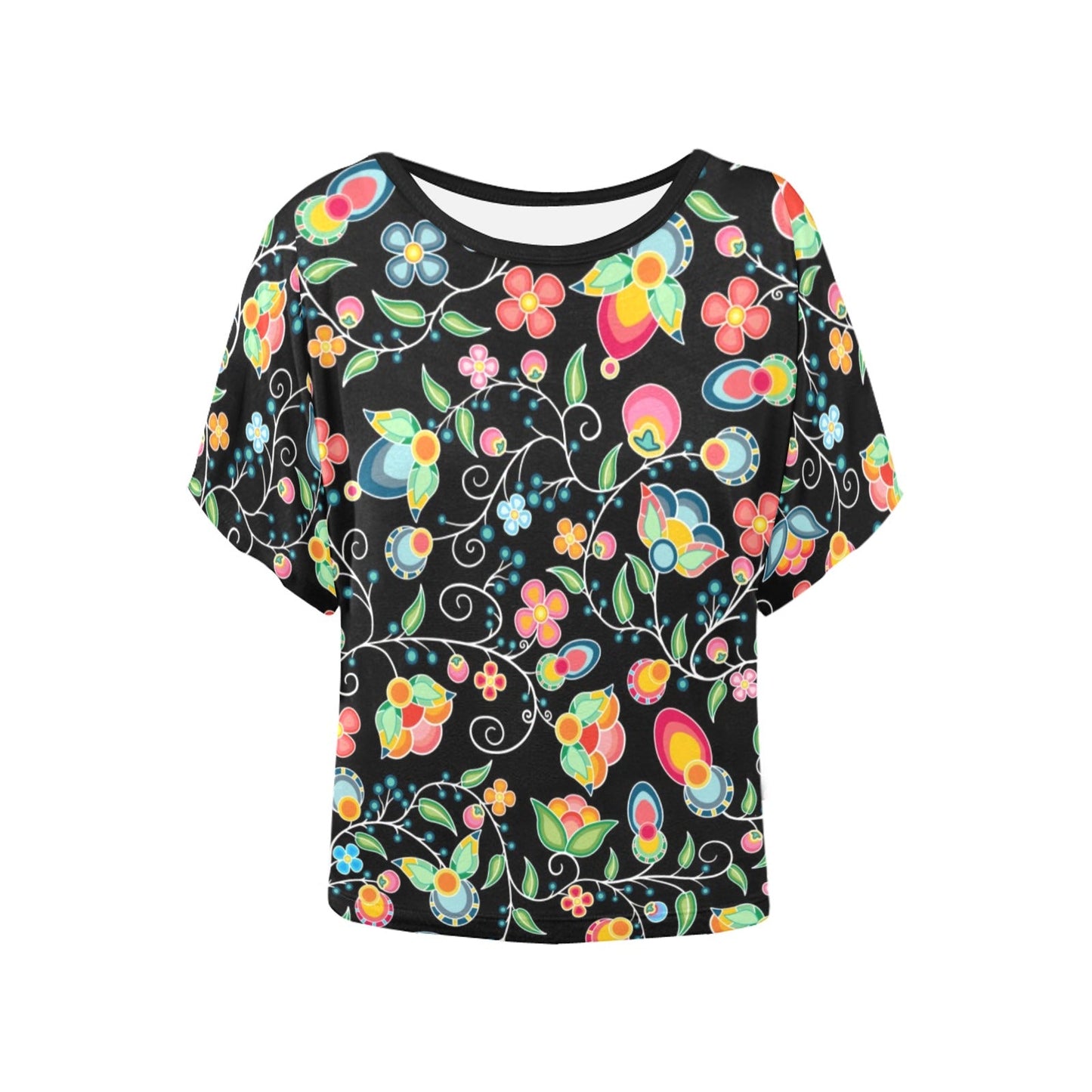 Floral Bounty Black Women's Batwing-Sleeved Blouse T shirt
