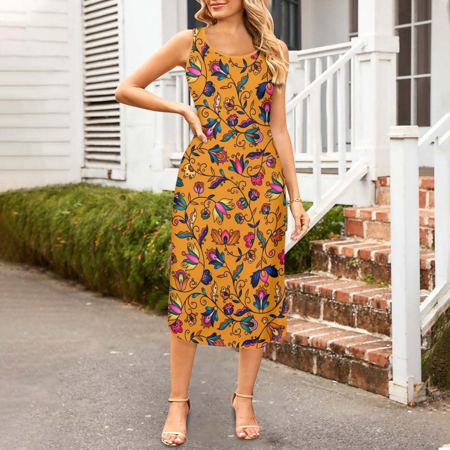 Copper Prairie Petals Orange Phaedra Sleeveless Open Fork Long Dress