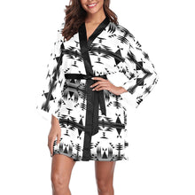 Load image into Gallery viewer, Between the Mountains White and Black Long Sleeve Kimono Robe Long Sleeve Kimono Robe e-joyer 
