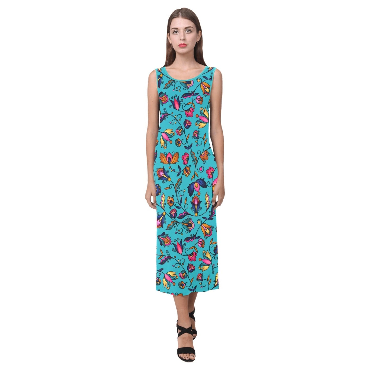 Copper Prairie Petals Turquoise Phaedra Sleeveless Open Fork Long Dress