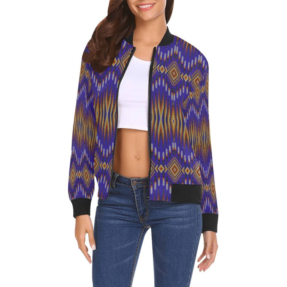 Fire Feather Blue Bomber Jacket for Women