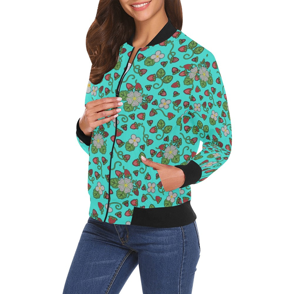 Strawberry Dreams Turquoise Bomber Jacket for Women