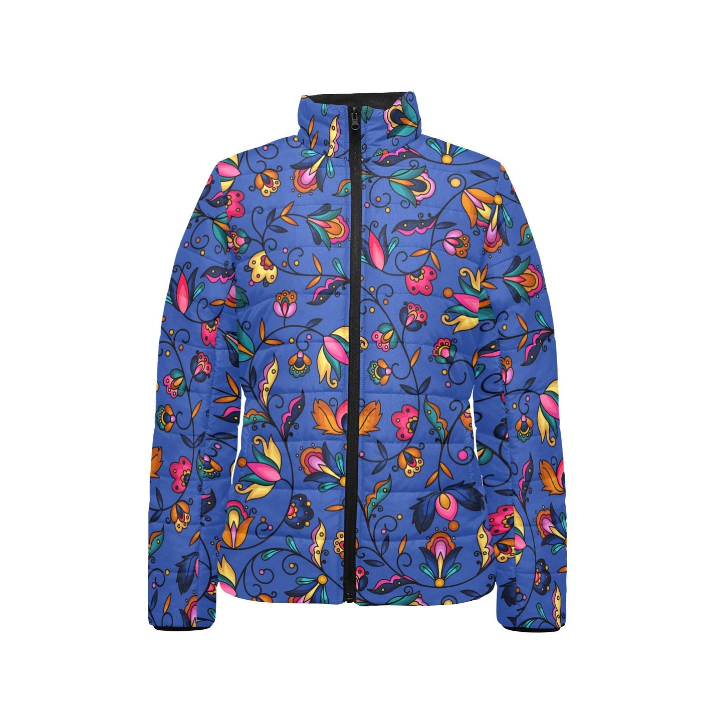 Copper Prairie Petals Blue Women's Stand Collar Padded Jacket