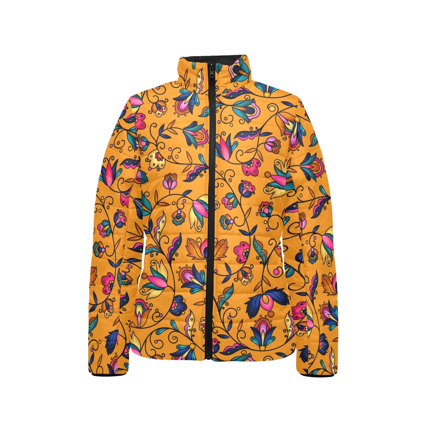 Copper Prairie Petals Orange Women's Stand Collar Padded Jacket