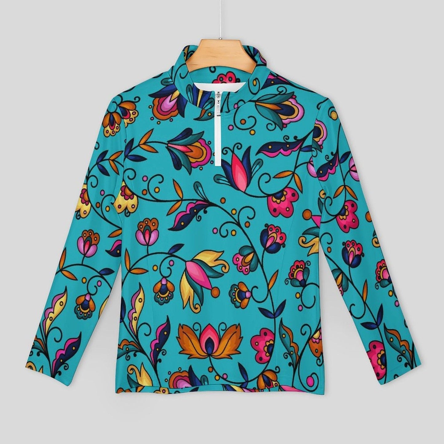 Copper Prairie Petals Turquoise Long Sleeve Yoga Shirt