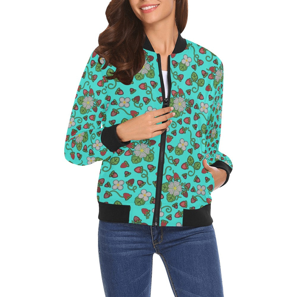 Strawberry Dreams Turquoise Bomber Jacket for Women