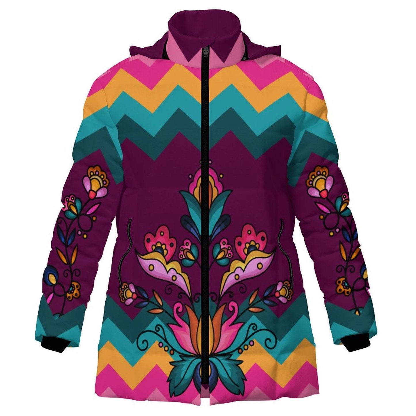 Copper Prairie Petals Women's Hooded Puffer Coat