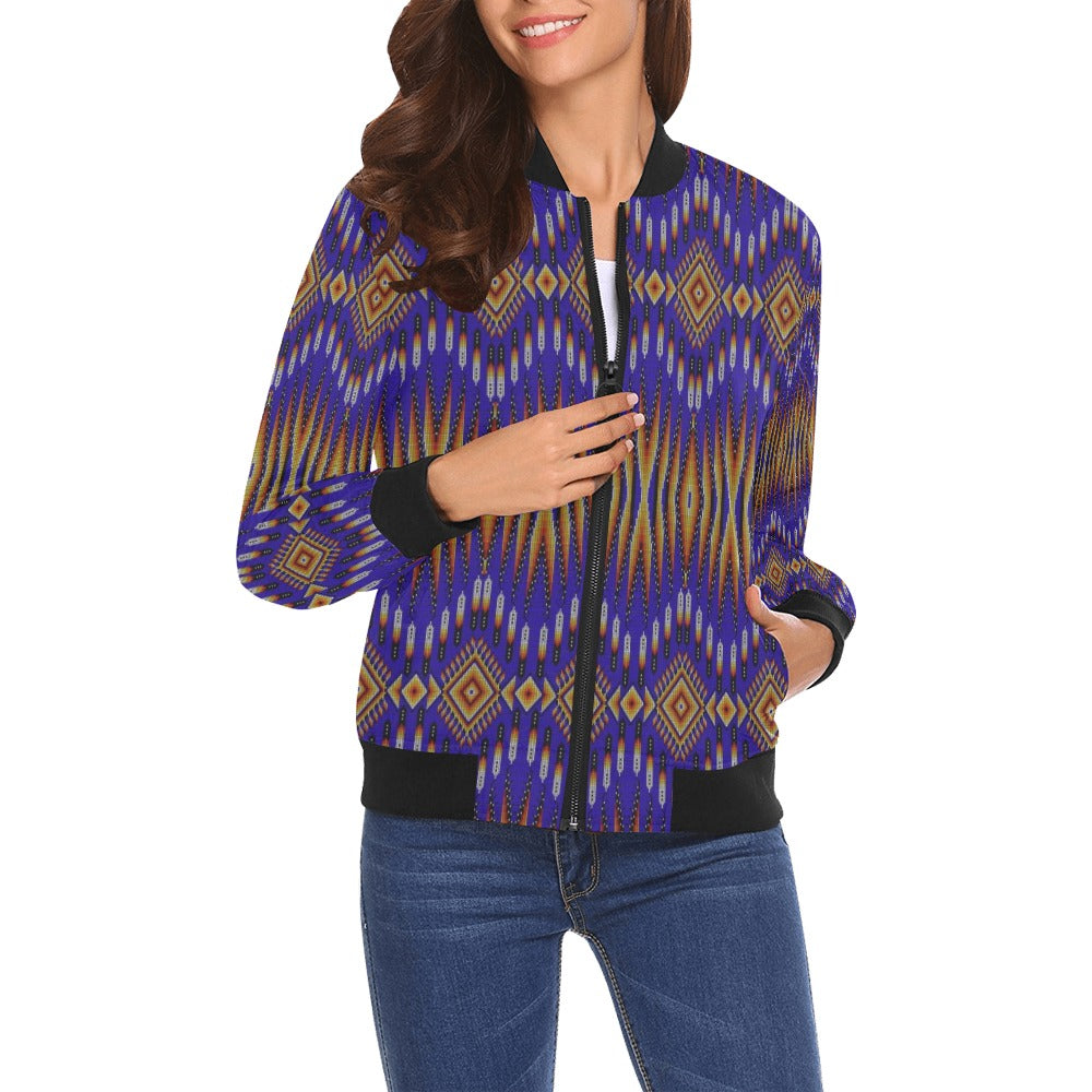 Fire Feather Blue Bomber Jacket for Women