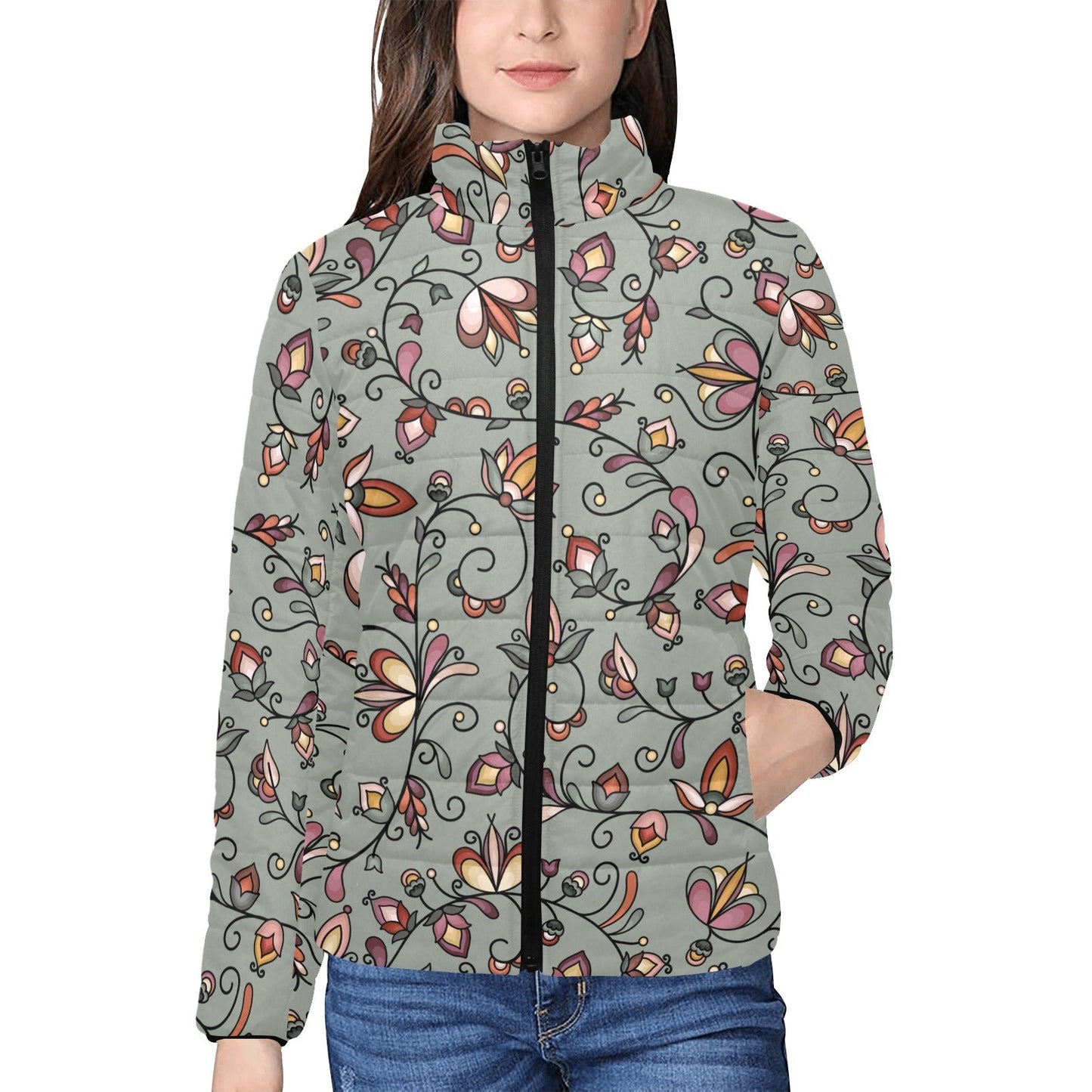 Burnt Sky Petals Green Women's Stand Collar Padded Jacket