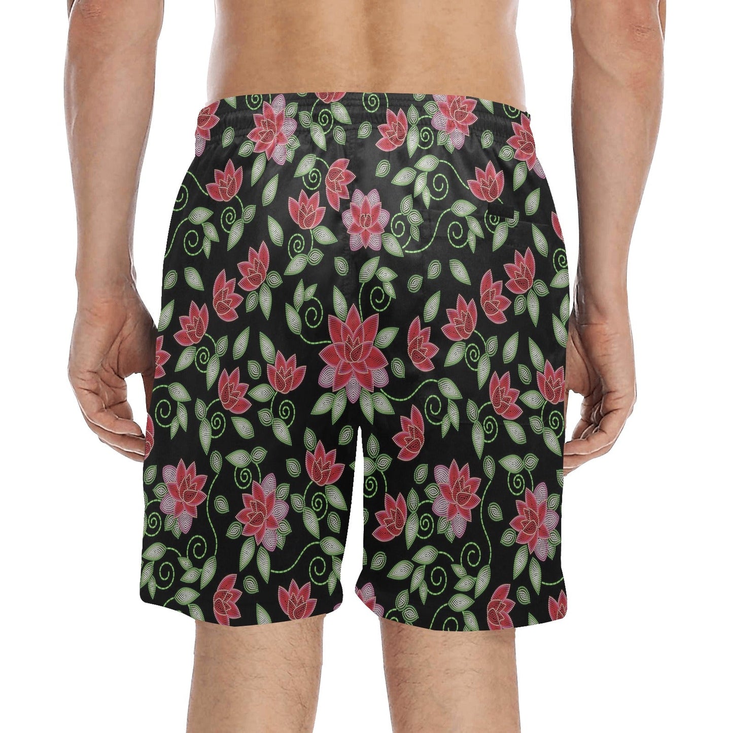 Red Beaded Rose Men's Mid-Length Beach Shorts