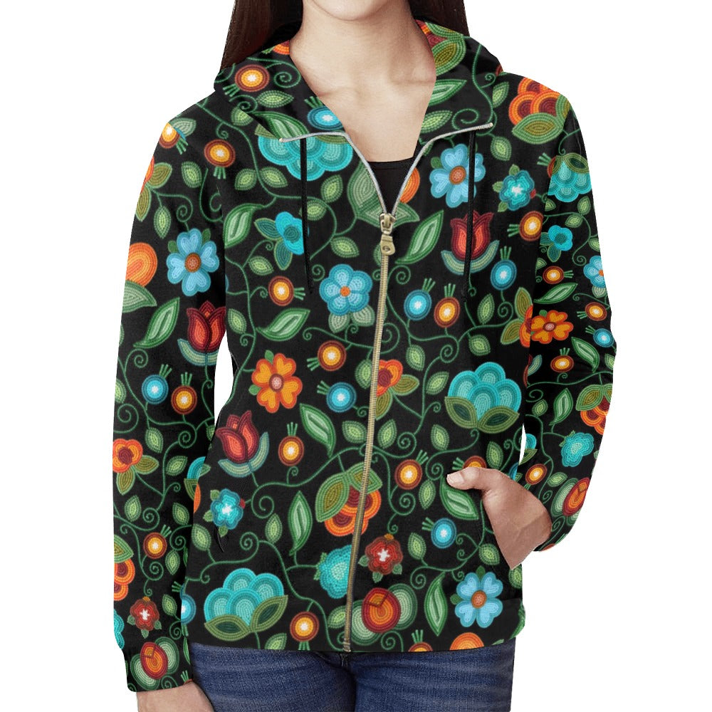 Prairie Fire Petals Black Full Zip Hoodie for Women