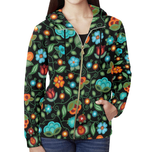 Prairie Fire Petals Black Full Zip Hoodie for Women