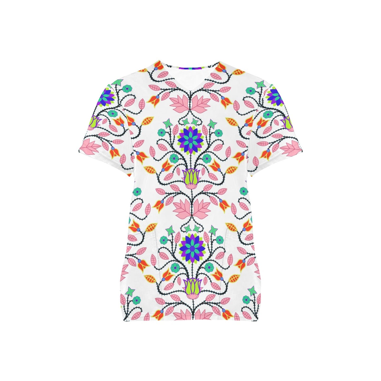 Floral Beadwork Four Clans White Scrub Top