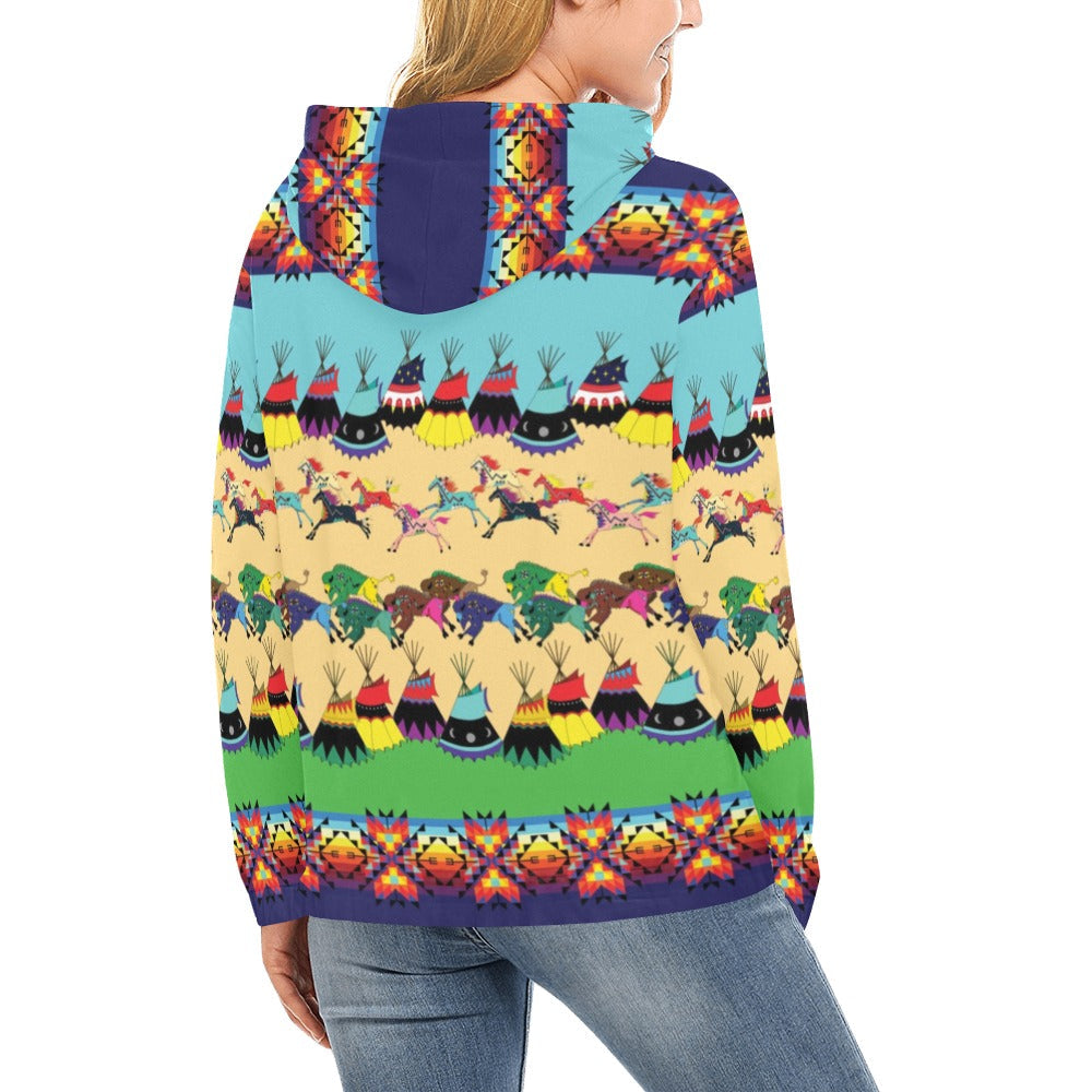 Horses and Buffalo Ledger Blue Hoodie for Women