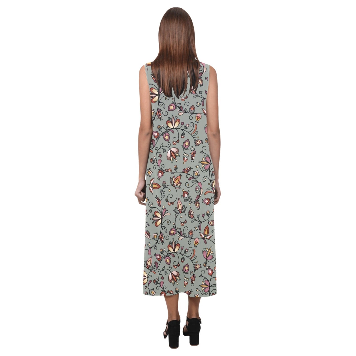 Burnt Sky Petals Green Phaedra Sleeveless Open Fork Long Dress