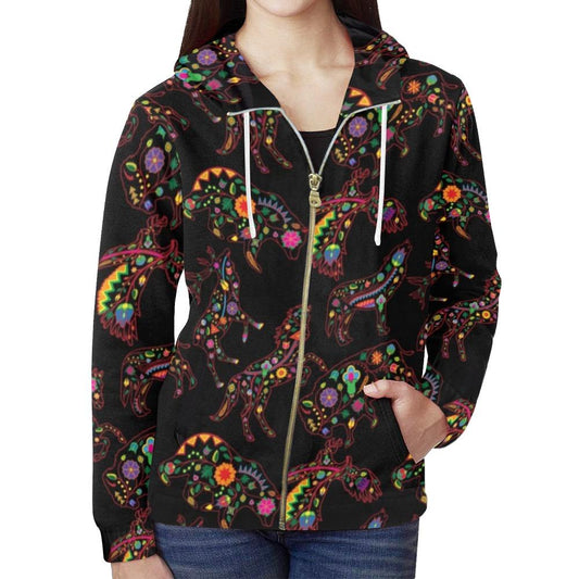 Neon Floral Full Zip Hoodie for Women