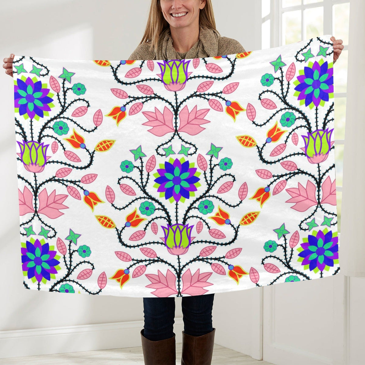 Floral Beadwork Four Clans White Large Baby Blanket by 49 Dzine