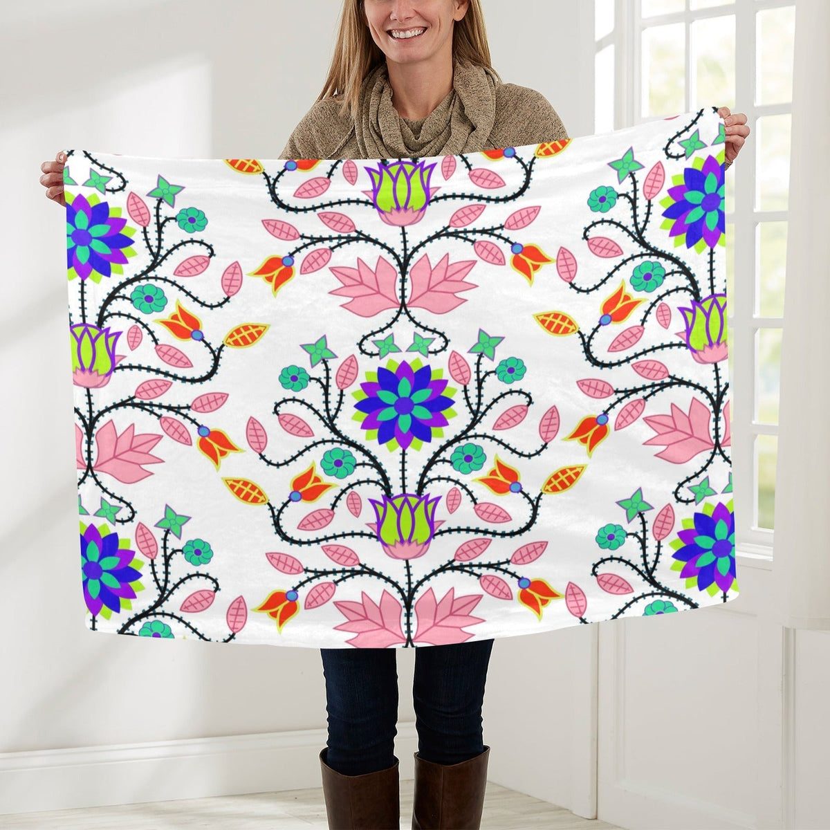 Floral Beadwork Four Clans White Small Baby Blanket by 49 Dzine