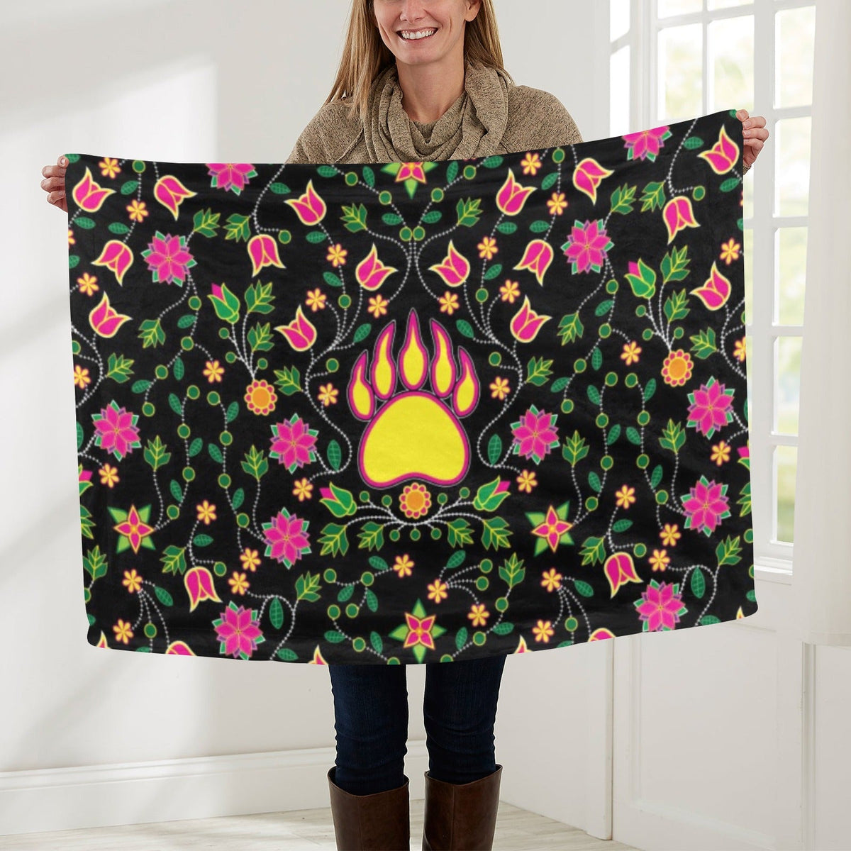 Floral Bearpaw Pink and Yellow Small Baby Blanket by 49 Dzine