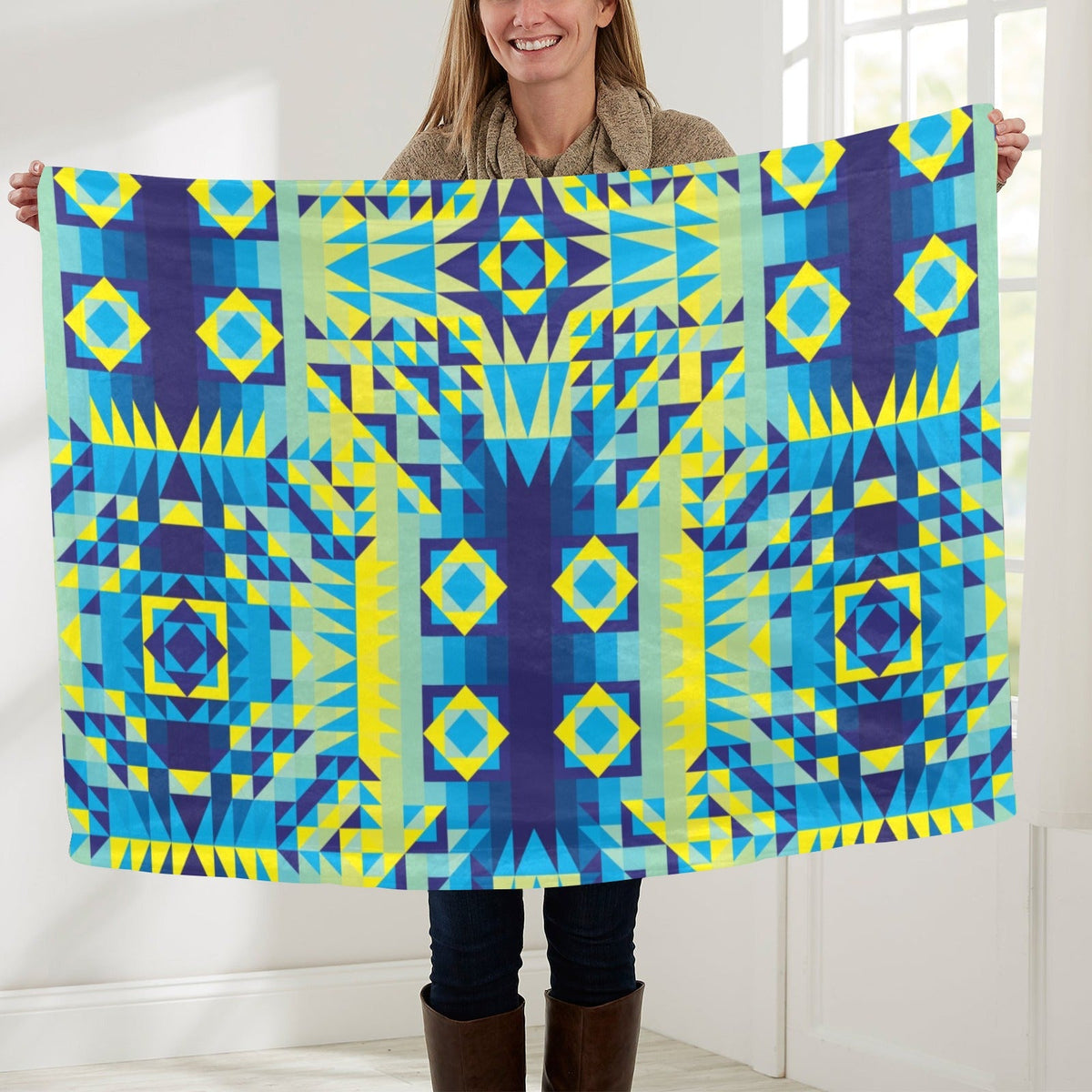Kaleidoscope Jaune Bleu Large Baby Blanket by 49 Dzine