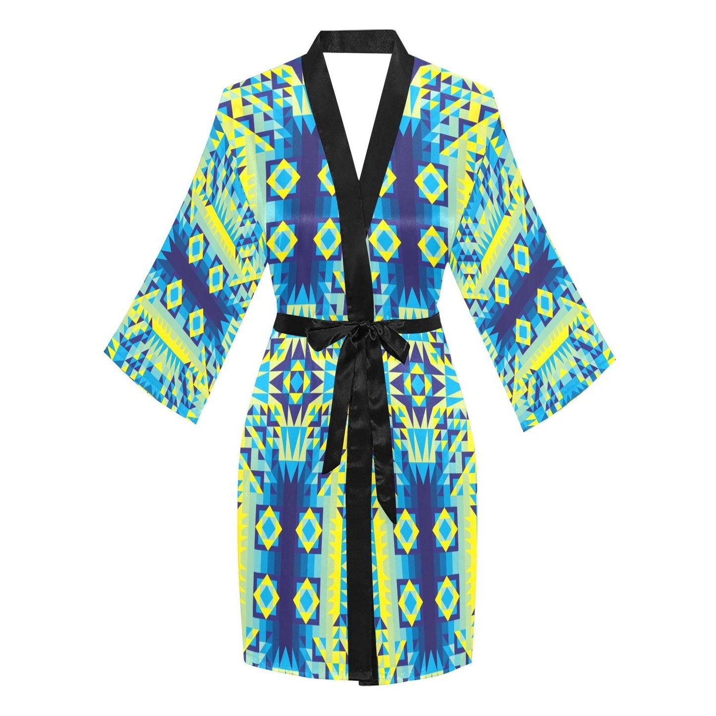 Kaleidoscope Jaune Bleu Long Sleeve Kimono Robe Long Sleeve Kimono Robe e-joyer 