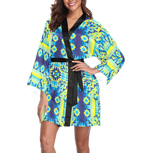 Kaleidoscope Jaune Bleu Long Sleeve Kimono Robe Long Sleeve Kimono Robe e-joyer 