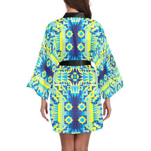 Load image into Gallery viewer, Kaleidoscope Jaune Bleu Long Sleeve Kimono Robe Long Sleeve Kimono Robe e-joyer 
