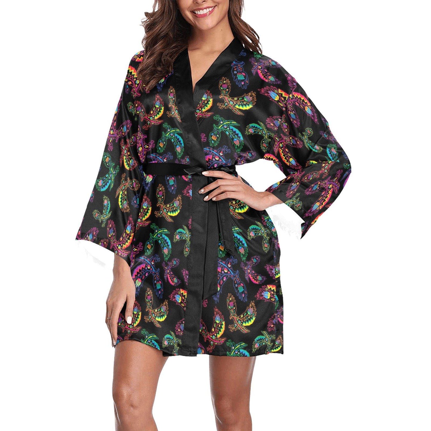 Neon Floral Eagles Long Sleeve Kimono Robe Long Sleeve Kimono Robe e-joyer 