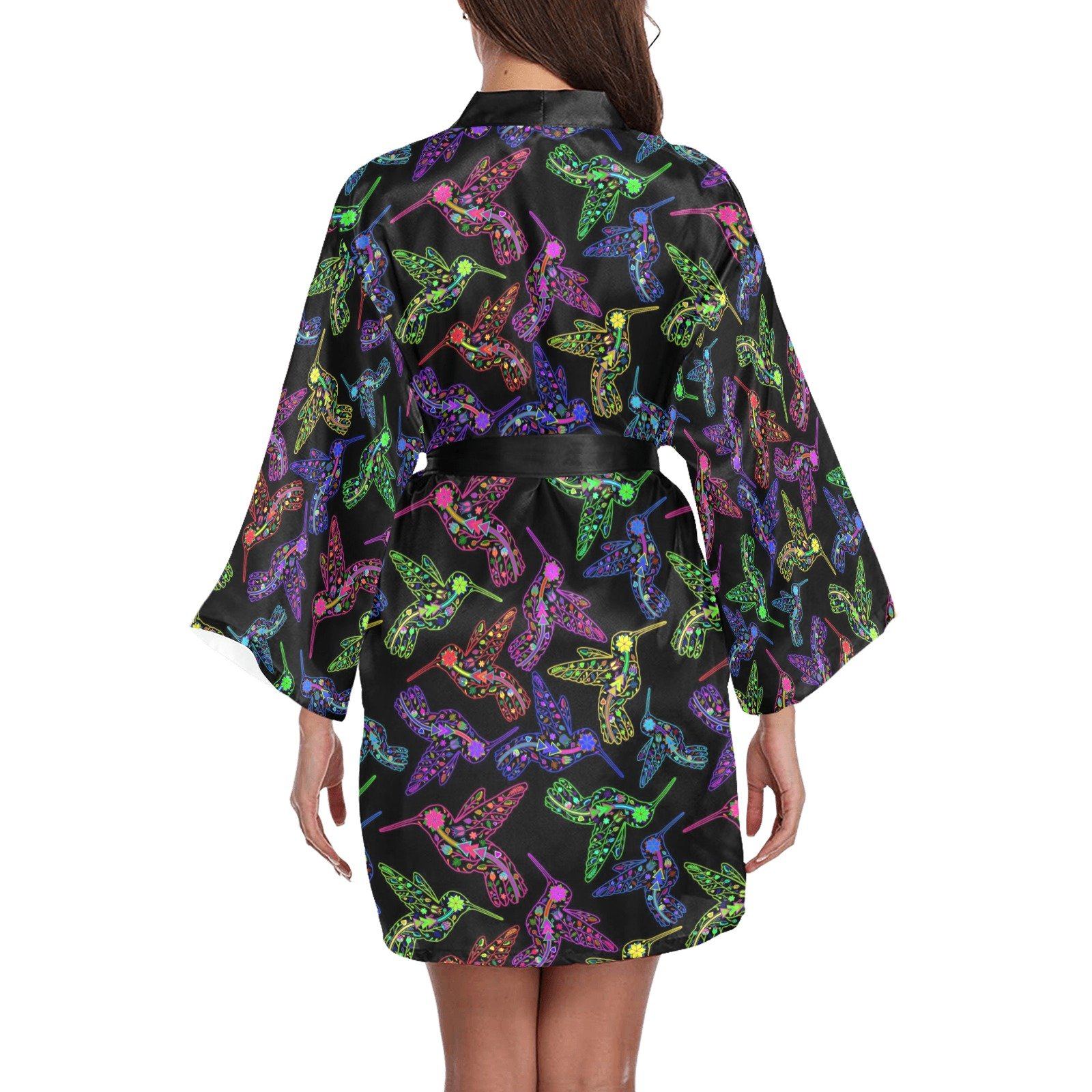 Neon Floral Hummingbirds Long Sleeve Kimono Robe Long Sleeve Kimono Robe e-joyer 