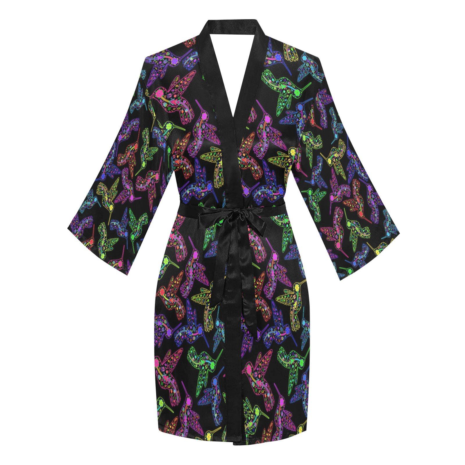 Neon Floral Hummingbirds Long Sleeve Kimono Robe Long Sleeve Kimono Robe e-joyer 