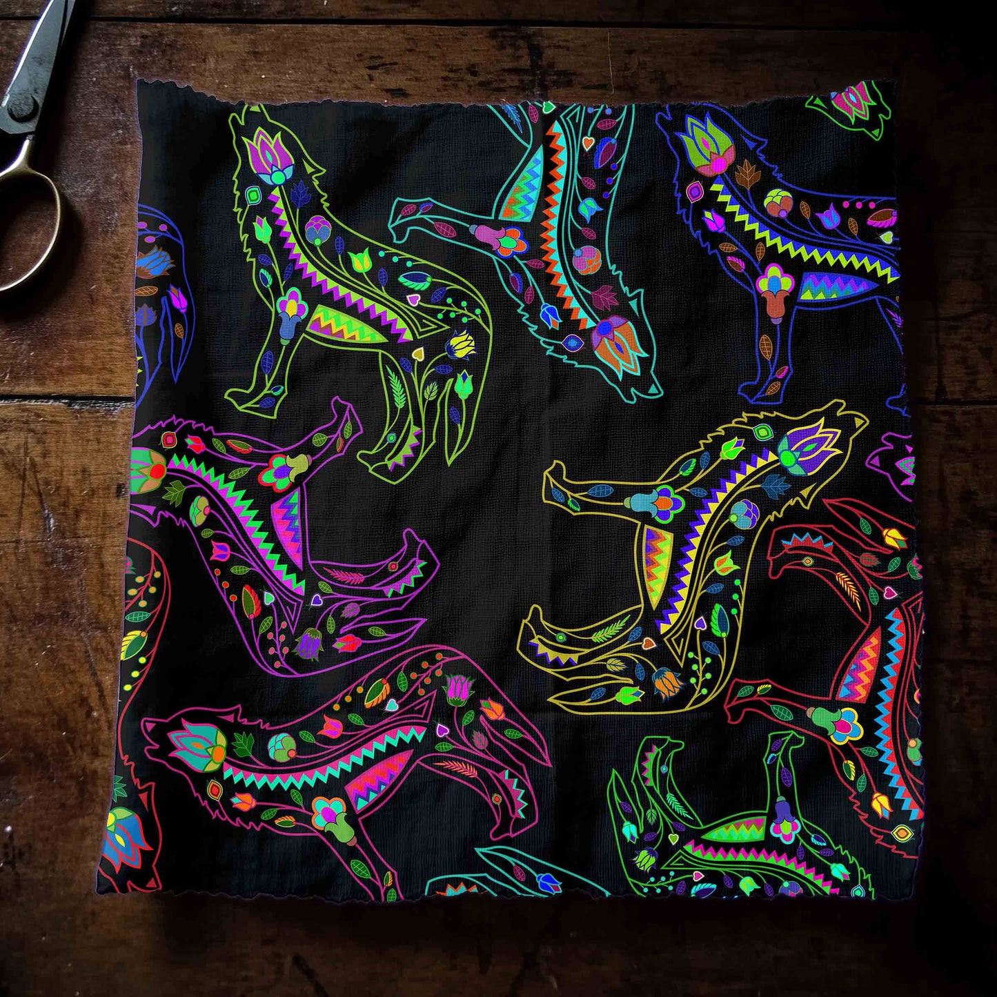 Neon Floral Wolves Fabric