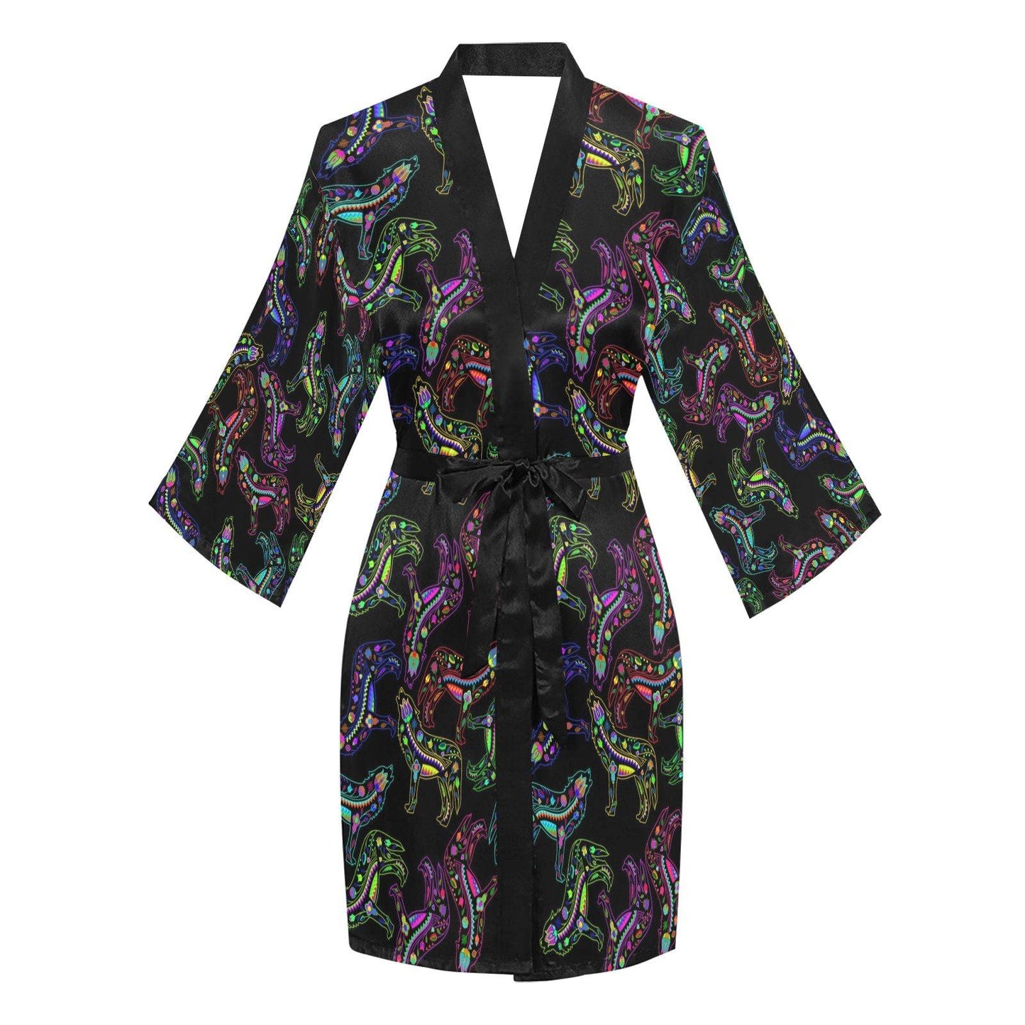 Neon Floral Wolves Long Sleeve Kimono Robe Long Sleeve Kimono Robe e-joyer 